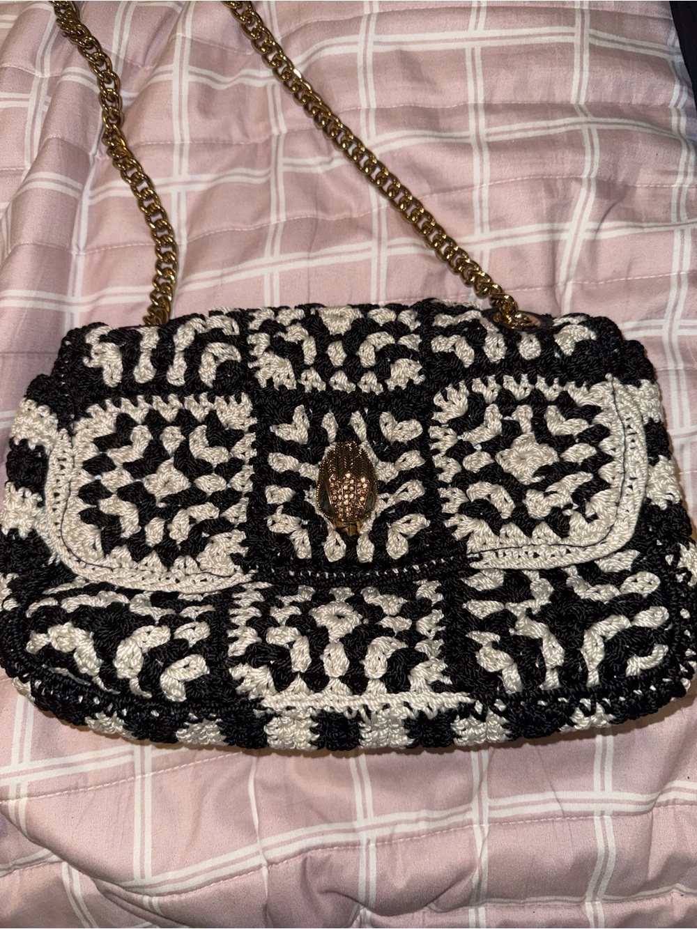 Kurt Geiger Black and Cream Crochet Chain Crossbody Bag